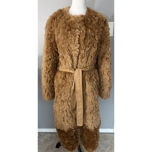 Express Brown Shaggy Polyester Faux Fur Coat Belted Maxi Jacket Women’s L NWT - Picture 1 of 8